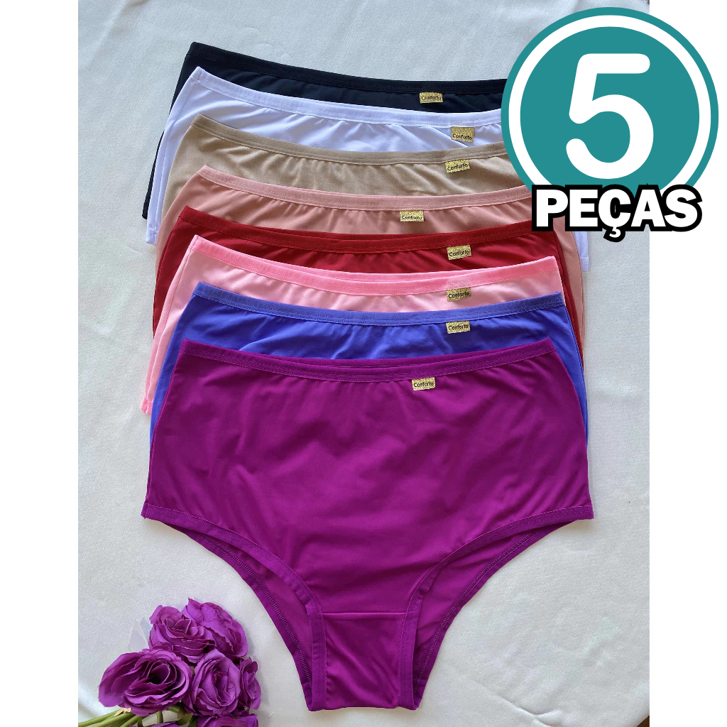 Kit c/ 5 Calcinhas Conforto Cós Alto Cintura Alta
