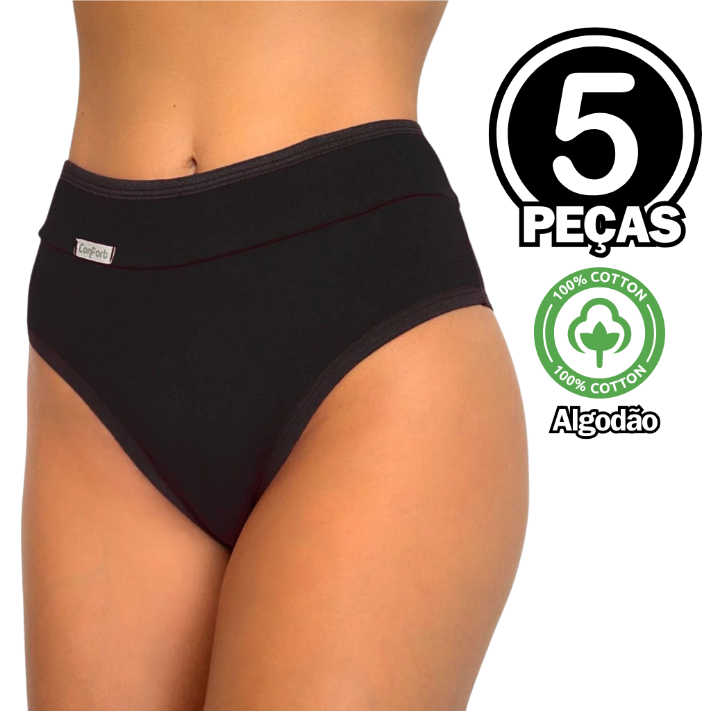 Kit Calcinhas de Algodão Cós Duplo Cintura Alta Conforto Disfarça Gordurinhas Dia-a-Dia