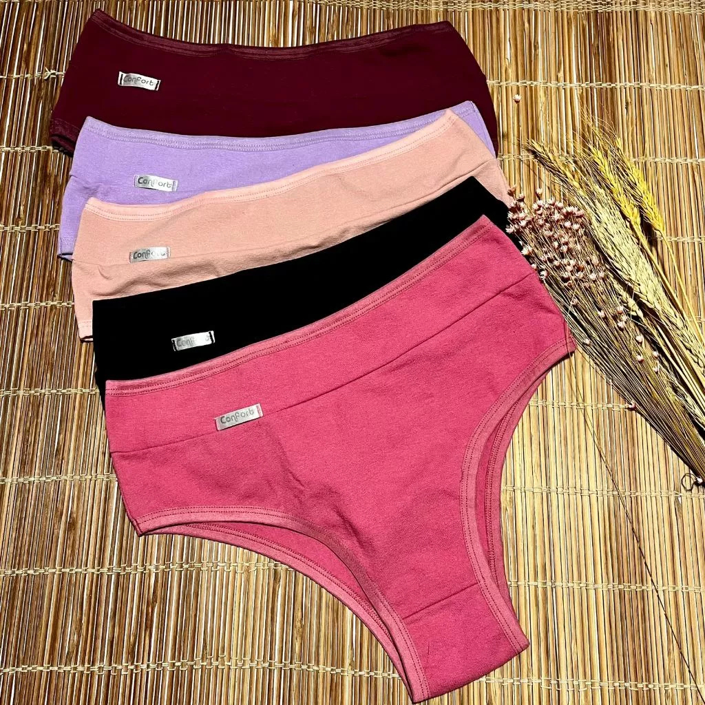 Kit Calcinhas de Algodão Cós Duplo Cintura Alta Conforto Disfarça Gordurinhas Dia-a-Dia