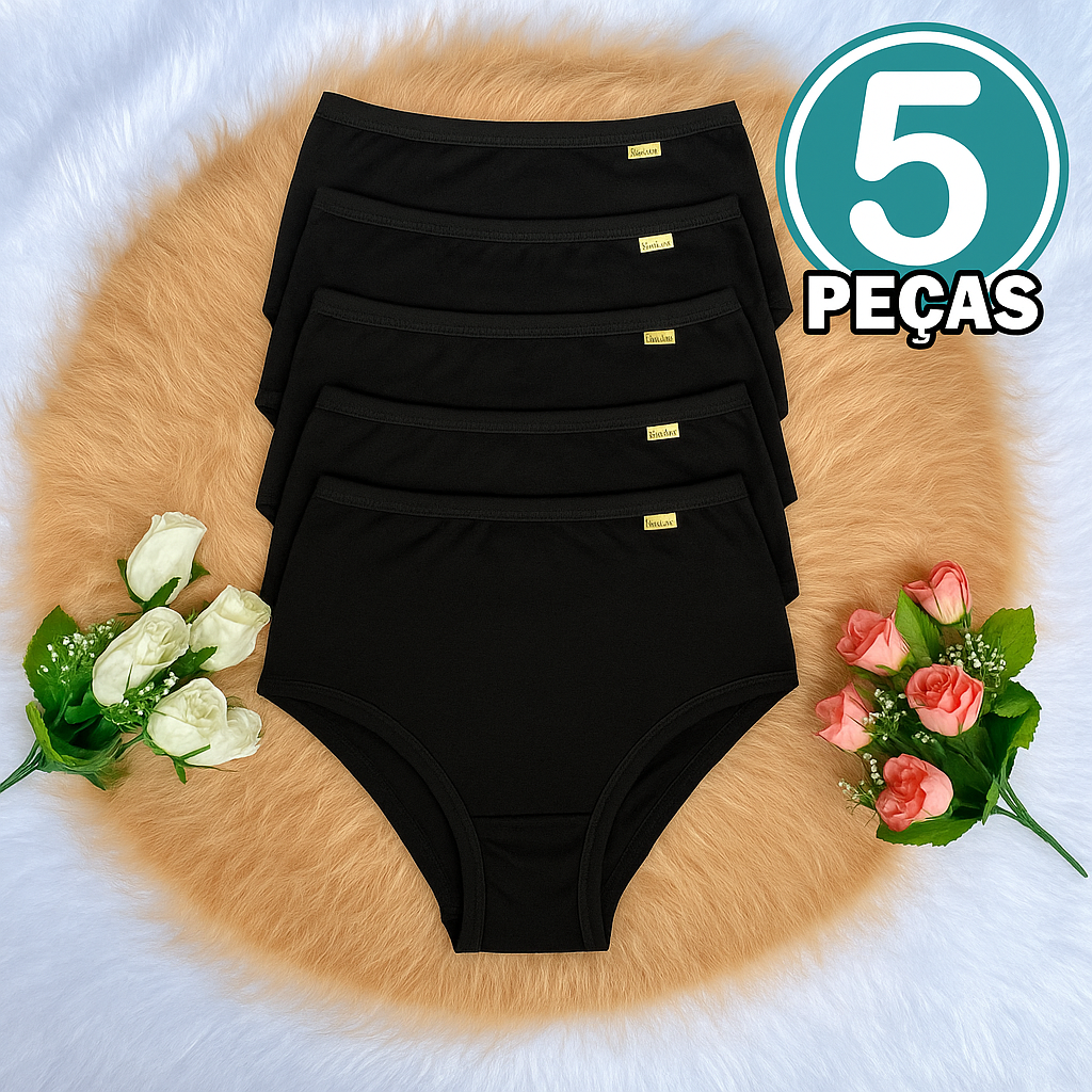 Kit c/ 5 Calcinhas Conforto Cós Alto Cintura Alta